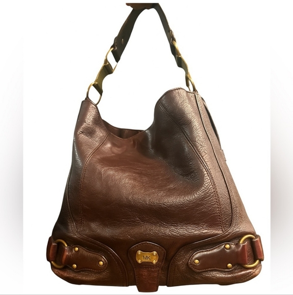 Michael Kors Vintage Dark Burgundy Brown Hobo Bag With Brass Accents
